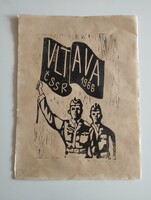 Régi orosz, szovjet linómetszet, linónyomat, (Vltava hadgyakorlat 1966)