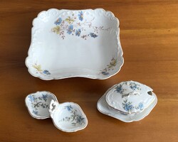 KÉK VIRÁGOS, ANTIK PORCELÁN TÁL, SÓTARTÓ ÉS FEDELES MUSTÁR TARTÓ EGYÜTT