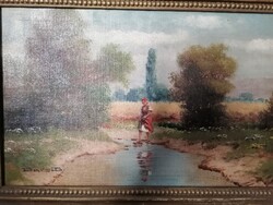 Barsi Béla olajfestmény Patakon átkelő lány