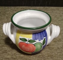 Kék peremű csont fehér alap mázas alma mintás kerámia, csavart füles csupor