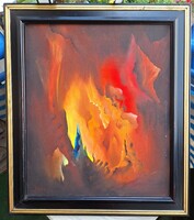 Burkus József: Őszi dallam (olajfestmény fekete-arany keretben) tűz, színes, kortárs, Joseph Burkus