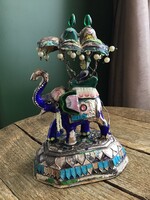 Régi indiai ezüst elefánt szobor, tűzzománc festett, sérült