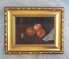 Almás csendélet gyűszűvel, 1908 - szép keretben - olaj, vászon, azonosítatlan jelzés, gyümölcs