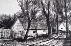 Vidéki utcakép (litográfia) Prokop szignóval - Faluhatár