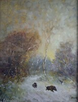 Vaddisznók a hóban - Olajfestmény