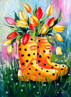 Tulips with rubber boots- acrylic painting / Tulipánok gumicsizmával - akril festmény
