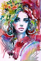 Girl with florals -  watercolor painting/  Lány virággal- akvarell festmény