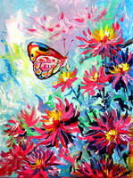 Dahlia flowers with butterfly- acrylic painting / Dália lepkével - akril festmény