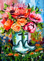 Flowers with rubber boots- acrylic painting / Virágok gumicsizmával - akril festmény