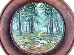 Orosz, kézzel festett fatányér, tál  - retro, vintage dekoráció, olajfestmény, tájkép, fali tányér