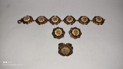 Vintage fém és gobelin ékszer bizsu szett karkötő fülklipsz gyűrű