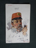 Képeslap,litho,Pesti alakok,Utcai hordár, A „Pszt”.,Posner Alfréd grafika,1913-