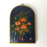 Régi retro fali kulcstartó akasztó kézzel festett rózsákkal, szignált, kb 70-es Orosz / Szovjet