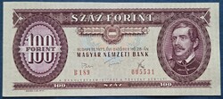 Nyomdahibás! 100 Forint 1975, VF+, alacsony sorszám, enyhén ferde nyomat.