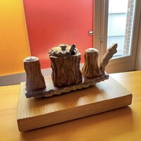 Olíva fa nagyon régi fűszer tartó faragvány, faragott fa fűszer tartó készlet, népi fa fűszeres