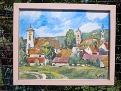 Szentendre  tájkép, olaj, karton 33x42,5 cm, olasz bézs rózsa ezüst csíkkal képkeret külméret 37x46
