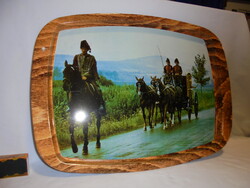 Retro lemez tálca - fogat, lovasok - nagyobb méret