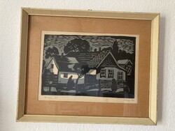 Folk Evening - Linocut Print Framed Artist: Alexin Andor