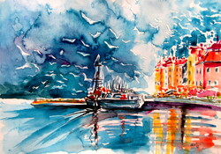 Port with birds - watercolor painting /Kikötő madarakkal -   akvarell festmény