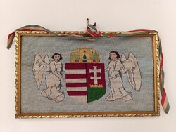 Magyar címer antik gobelin kézimunka angyalokkal üveg nélkül korabeli keretben irredenta trianon 579