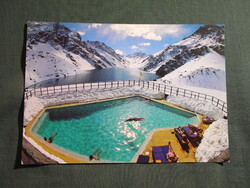Képeslap,Dél Amerika,Chile,Portillo,síközpont,Hotel medence,hegyek látkép,részlet,1989-