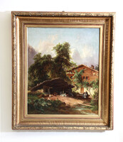 Georg Geyer (1823-1912) Tájkép Valenzből 80x70cm | Aus Valenz Svájc Alpok Valens Tyúkudvar