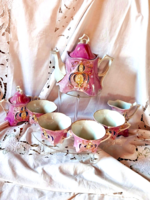 Antik biedermeier, rózsaszín, díszes teás készlet darabjai. Rendkívül ritka lelet.