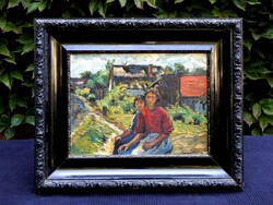 Klimó István (1883-1961): Életkép  30x40 cm-es olaj-fa festmény (plusz 10 cm széles  keret)