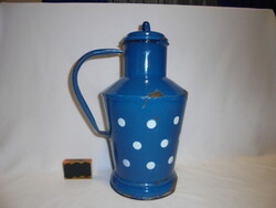 Régi zománcos ceglédi kis kanta " Vegyesipari Ktsz - Jászkisér" - kék-fehér pöttyös, 2 literes
