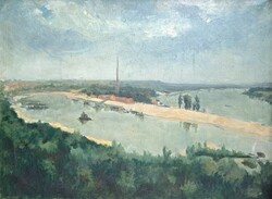 Hegyi György: Dunaújvárosi kikötő, 1952 (olajfestmény) Sztálinváros, szocreál, Szalki-sziget