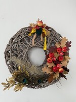 Beautiful large autumn wreath door decoration knocker, mushroom, leaf, apple, peacock feather