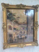 Gyönyörű aprókos akvarell tàjkép emberek mozgalmas Olasz Osztrák Alpesi templom   festmény