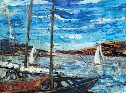 Lake Balaton, 1972 (oil painting) unsigned with signature - sailboats, lakescape, 1970s