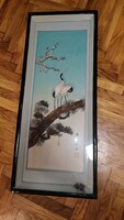Vintage Kínai jelzett madártoll falikép - Vintage Chinese wall painting made of bird feathers