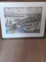 Conrád Gyula színezett rézkarc Szentendrei Dunakanyar