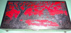 Retro keleti tájkép mintás festett RÉZ ezüstös osztott szivaros doboz 26 x 13 x 5 cm képek szerint