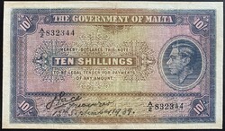 Málta 10 Shillings 1939 P-13 F restaurált bankjegy