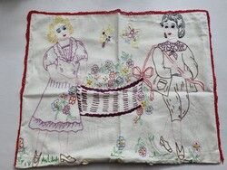 Old, hand-embroidered, scenic canvas decorative pillow cover