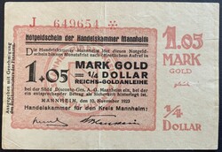 Németország 1.05 arany Márka = 1/4 Dollár Notgeld Handelskammer Mannheim 1923 VF bankjegy