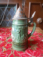 Kerámia sörös korsó, réz fedeles