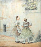 Muskátlis ablak - színezett rézkarc, "Váry" - falusi lányok, népviselet, paraszti jelenet