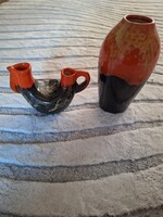 Kerámia padló és kétlyukú kakasforma váza pár jelzett