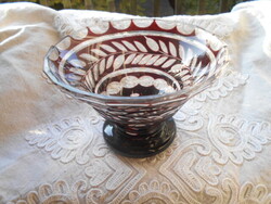 Antique engraved decorated glass footed serving tray 15 cm diameter