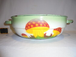 Régi, gomba mintás zománcos tál, lábas - népi dekorációnak - "Budafok"