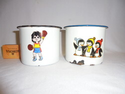 Két darab régi zománcos gyerek bögre együtt - pingvines, bokszoló fiú