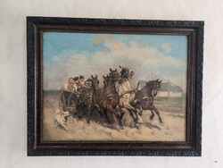 Antik Viski J. Lovas fogat  olaj vàszon tàjkép festmény