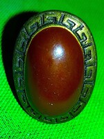 Antik réz görög ornamentikával vésett jáspis köves állítható nehéz női gyűrű bizsu a képek szerint