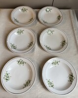 Hollóházi porcelán zöld virág mintájú arany szegélyes mélytányér-készlet