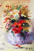 Életöröm csokorban..Gyönyörű expresszív virágcsendélet. 30x20 cm, olaj farost!