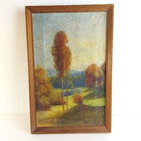 Antik 1916-os tájkép olajfestmény gyönyörű színekkel, plein air, naturalizmus, - szignált